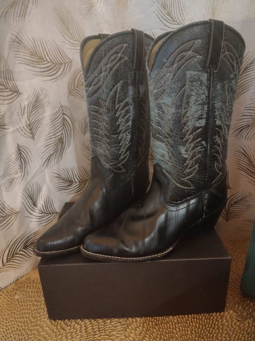 Blair Black Leather Western Cowboy Boots with Decorative Stitching